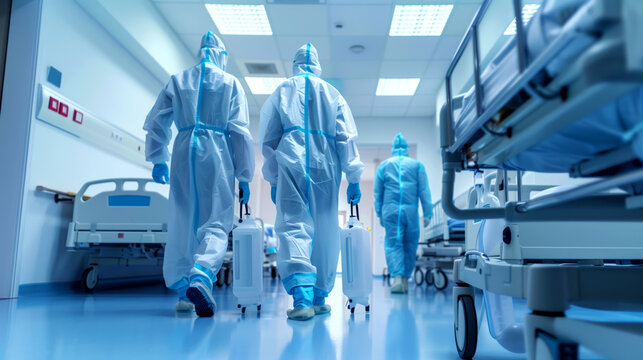 Healthcare workers in protective suits walking in a hospital corridor, carrying medical equipment.