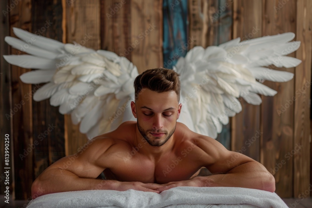 Poster a man laying on a bed with wings above his head. suitable for various concepts and designs