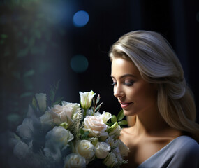 Beautiful elegant blonde woman smelling a bouquet of white roses against a dark and elegant background, Generative AI