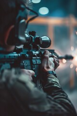 Man aiming with rifle in dark room, suitable for security concept