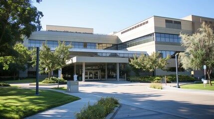 View of a modern hospital building with landscaped gardens and an inviting entrance walkway under a clear sky.
