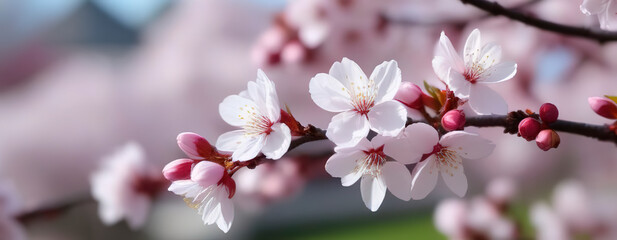 Obraz premium cherry blossom in spring, sakura flowers on blue sky background