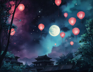 Watercolor Painting of Chinese Lanterns Ascending into the Night Sky