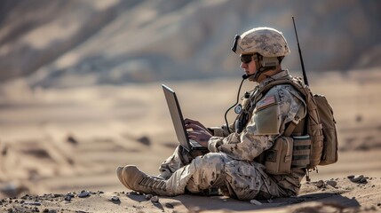 A military personnel in camouflage gear using a laptop in a desert environment, with rolling hills in the background.