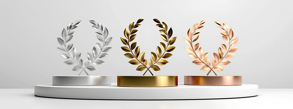 3 podium pedestal with golden laurel wreath on blank background. Award winning concept design. Winner first, second, third, place or gold, silver, brone. Generative AI.