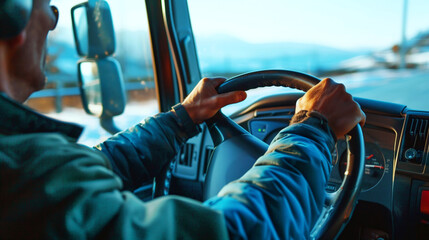 Close-up view of a man driving a truck, hands on the steering wheel with a dashboard view.