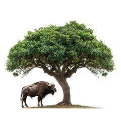 An illustration of an African buffalo standing under a large tree