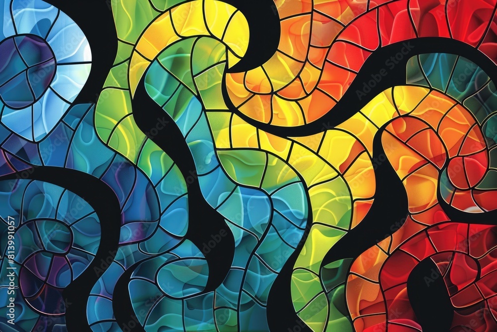 Poster A vibrant stained glass window with swirling patterns. Perfect for adding a pop of color to any design project