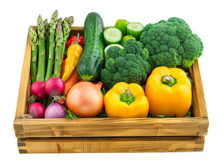 A wooden crate filled with a variety of vegetables including broccoli, peppers isolated on transparent background