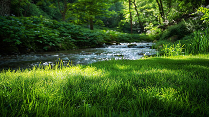 lush grassy lawn next to a flowing creek
