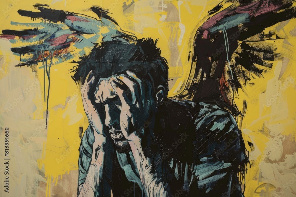 Poster a painting of a man with wings on his head. suitable for various creative projects