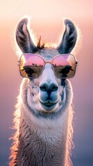 Obraz premium Close-up of a llama wearing sunglasses with reflected sunset
