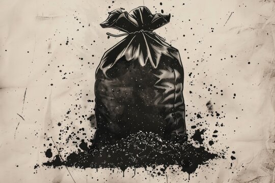 Detailed black and white drawing of a bag of dirt, suitable for educational materials or gardening blogs