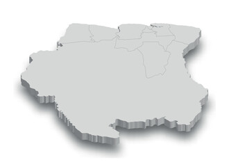 3d Suriname white map with regions isolated