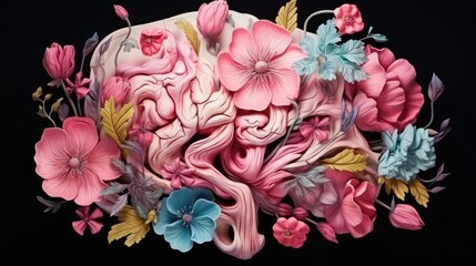 human brain organ with blooming flowers