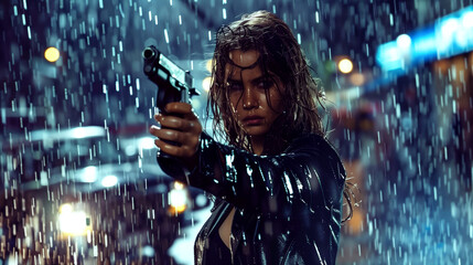 A woman in a wet leather jacket aims a handgun in a rainy, neon-lit street scene.