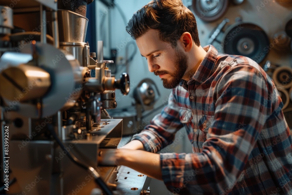 Poster A man working on a machine in a factory. Suitable for industrial concepts