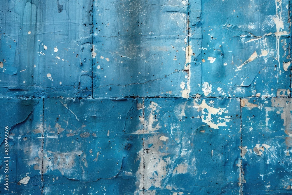 Poster A close-up shot of a blue wall with peeling paint. Perfect for adding texture to design projects