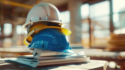 A hard hat sitting on top of a stack of newspapers. Perfect for construction or news-related projects