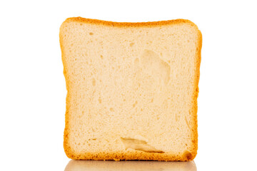 One piece of white bread for toaster, macro, isolated on white background.