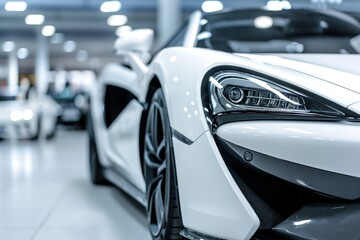 Sleek white sports car in showroom