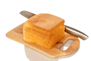 Several slices of white bread for a toaster with a knife on a wooden kitchen board, macro, isolated on a white background.