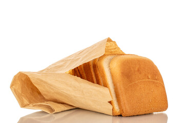 Three pieces of white toaster bread in a paper bag, macro, isolated on a white background.