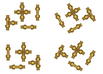 Brass pipe fittings with nuts - on isolated transparent background.