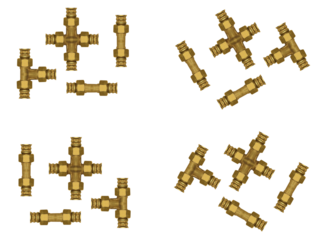 Brass pipe fittings with nuts - on isolated transparent background.