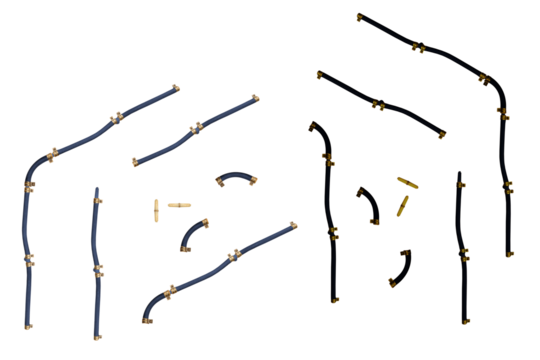 Rubber hoses for vacuum pressure, oils and fuels for mechanical machines - on isolated transparent background.