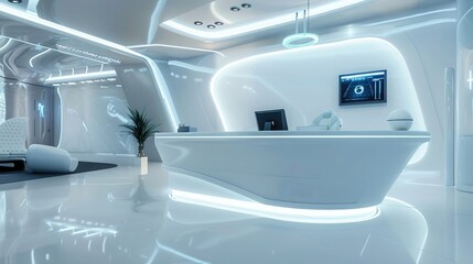 A futuristic reception desk, Future technology style live scene design, a small screen facing the camera placed on the front desk