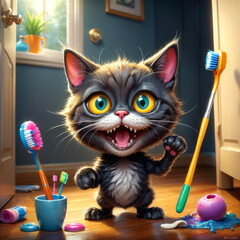 Cartoon cat in the bathroom. Children's dental hygiene concept.