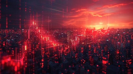 Fototapeta premium A red glowing city. The sky is dark and there are storm clouds. The city is full of skyscrapers and the lights from the buildings are reflecting off the wet streets.