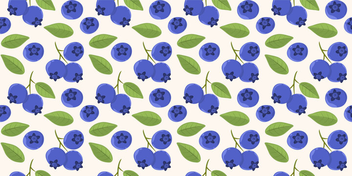Botanical seamless pattern with blueberry twigs and green leaves. Summer background with berries ornament