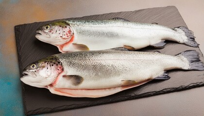 Two raw trout on dark slate

