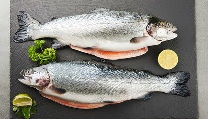 Obraz premium Two raw trout on dark slate