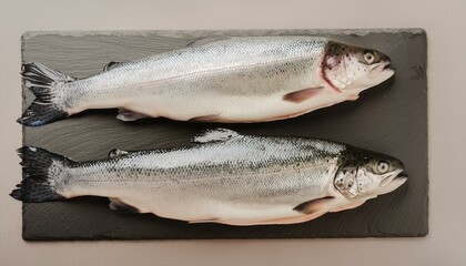 Two raw trout on dark slate

