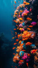 Vibrant Red Coral Reef in the Deep Blue Sea with Tropical Fish and Marine Life