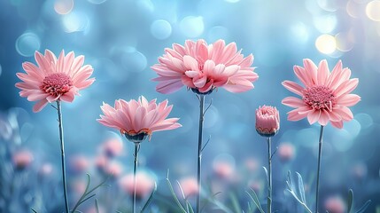   Pink flowers sit together atop a green field, surrounded by blue sky - Powered by Adobe