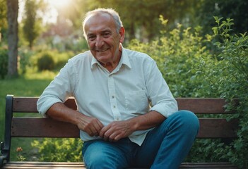 Fototapeta premium Eastern European Escape: Happy Man Enjoys Sunny Garden. Smiling Eastern European Man Relaxes Outdoors 