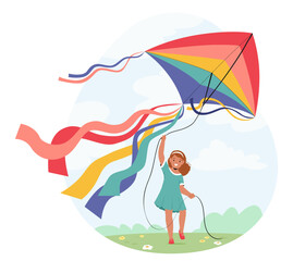 Smiling Child Raises Arms Excitedly While Flying A Vibrant Kite Against A Bright Blue Cloudy Sky, Vector Illustration