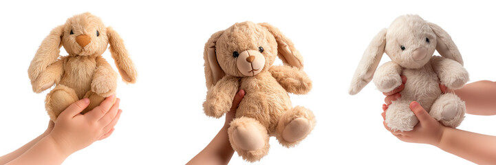 A set of plush bunnies in the hands of a children isolated on a white or transparent background. Close-up of an white bunnies in the hands. Graphic element of a plush bunnies, side view.