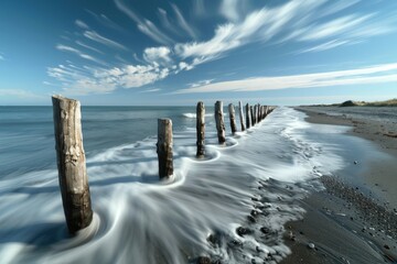 Long exposure photo of a beach with wooden posts. Suitable for travel websites - Powered by Adobe