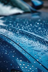 Blue car with water droplets, suitable for automotive industry
