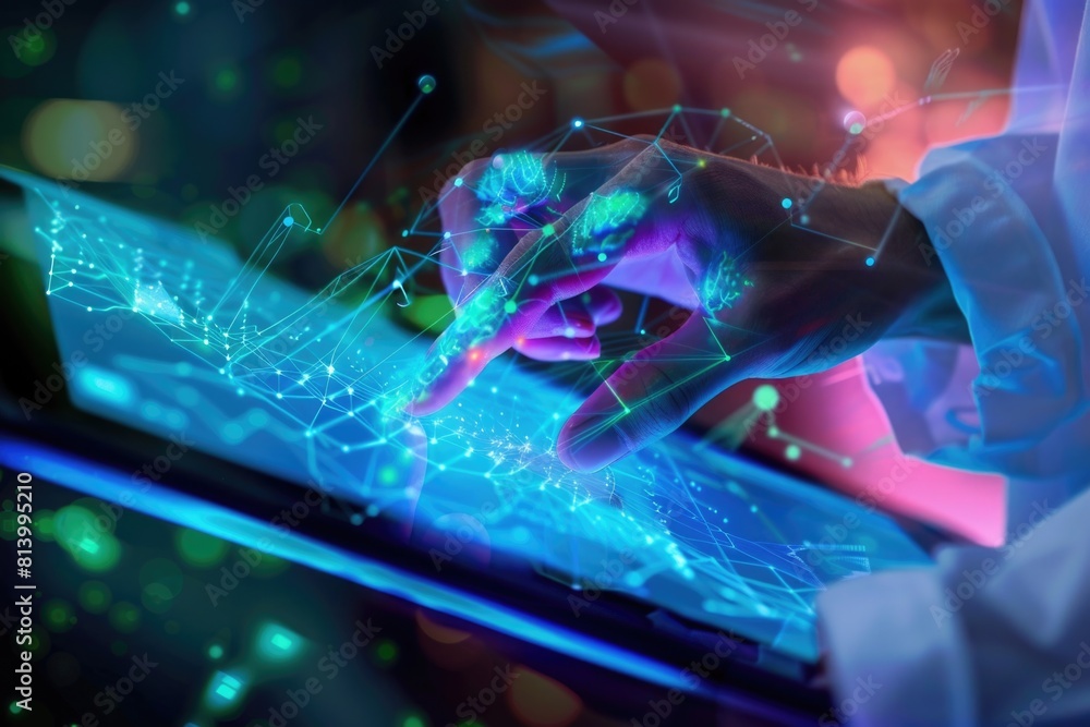 Poster Person using a tablet with a glowing screen. Suitable for technology concepts
