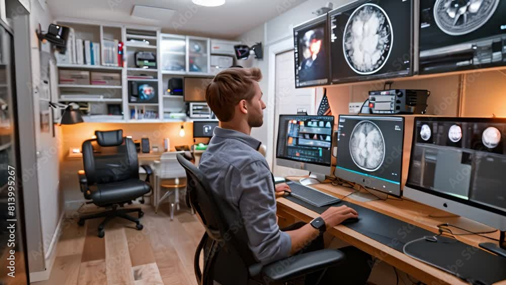 Poster A man sits in front of two computer monitors on a desk, focusing on work tasks and digital screens.