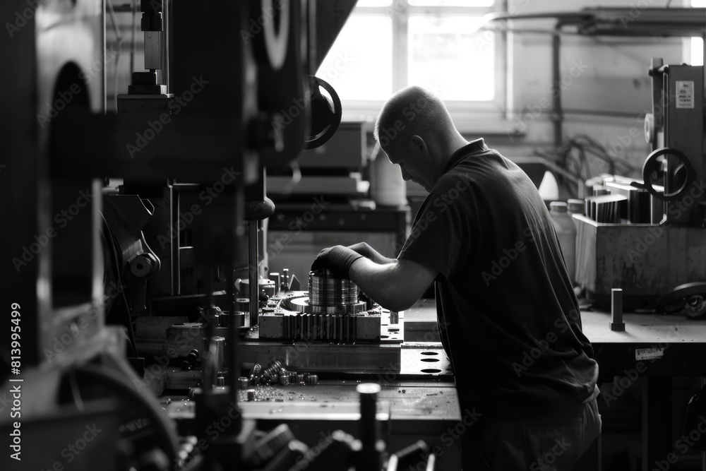 Poster A man working on a machine in a workshop. Suitable for industrial and manufacturing concepts