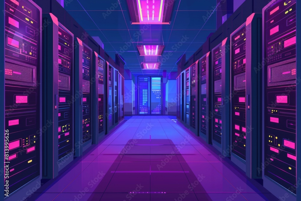 Aufkleber A long hallway filled with rows of servers. Suitable for technology and data center concepts