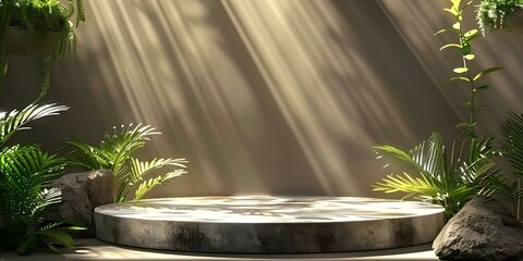 Elegant Podium Design with Greenery, Stones, and Shadows for Showcasing Cosmetics or Art. Concept Podium Design, Greenery, Stones, Shadows, Cosmetics Display, Art Showcase