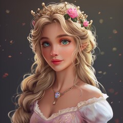 Una princesa rubia, con una hermosa tiara de flores